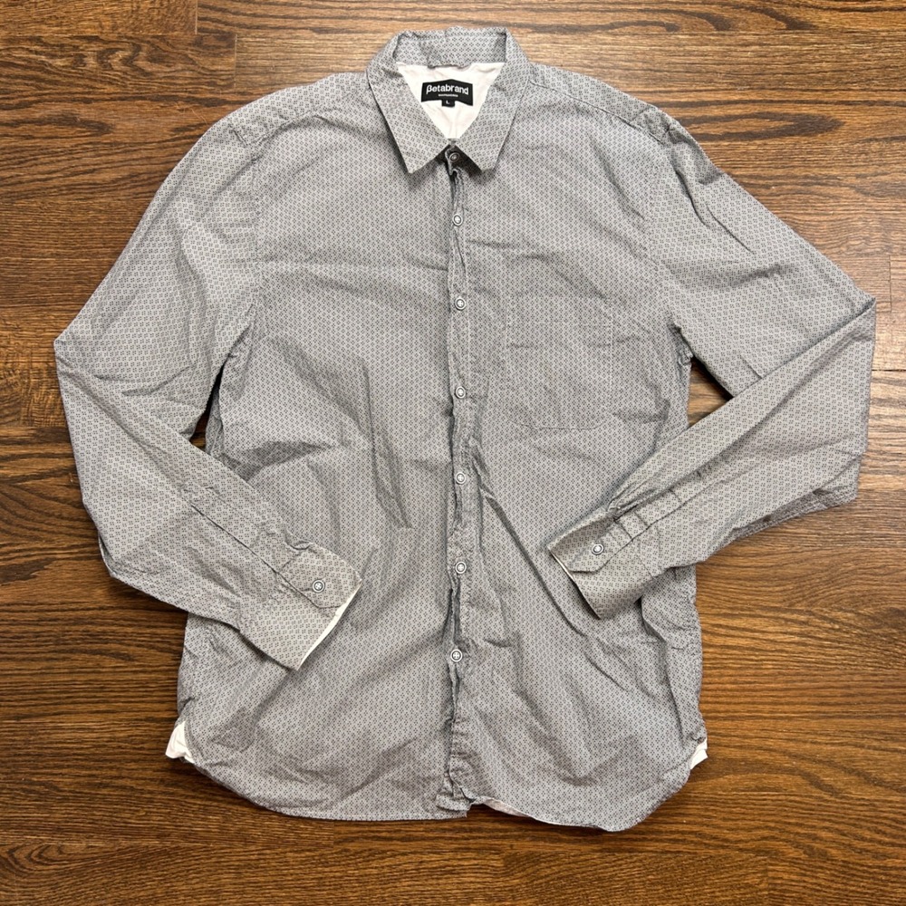 Betabrand‎ Shirt Mens Large Grey White Geometric Micro Print Button Down Collar